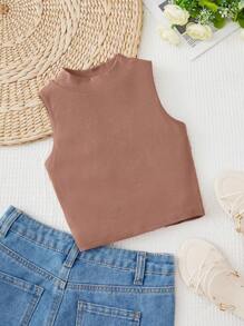 SHEIN Girls Solid Mock Neck Tank Top - Apricot - View 1