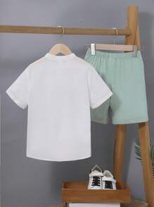 SHEIN 男孩1入組前蝴蝶結小高領襯衫和1入組短褲 - 彩色 - 查看 2