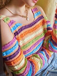 SHEIN Áo thun nữ Cắt ra Sọc Giải trí - Nhiều màu - Xem 5