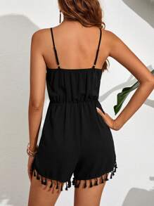 SHEIN VCAY Floral Embroidery Tassel Hem Cami Romper - Black - View 3