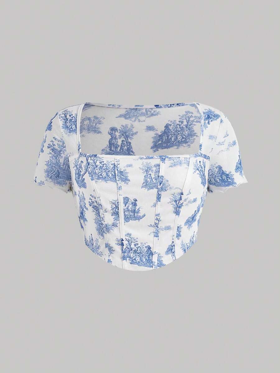 SHEIN MOD 大碼人像圖案頭巾下擺短款T恤 - 藍白色 - 查看 1