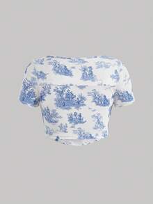 SHEIN MOD 大碼人像圖案頭巾下擺短款T恤 - 藍白色 - 查看 2