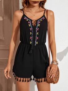SHEIN VCAY Floral Embroidery Tassel Hem Cami Romper - Black - View 4
