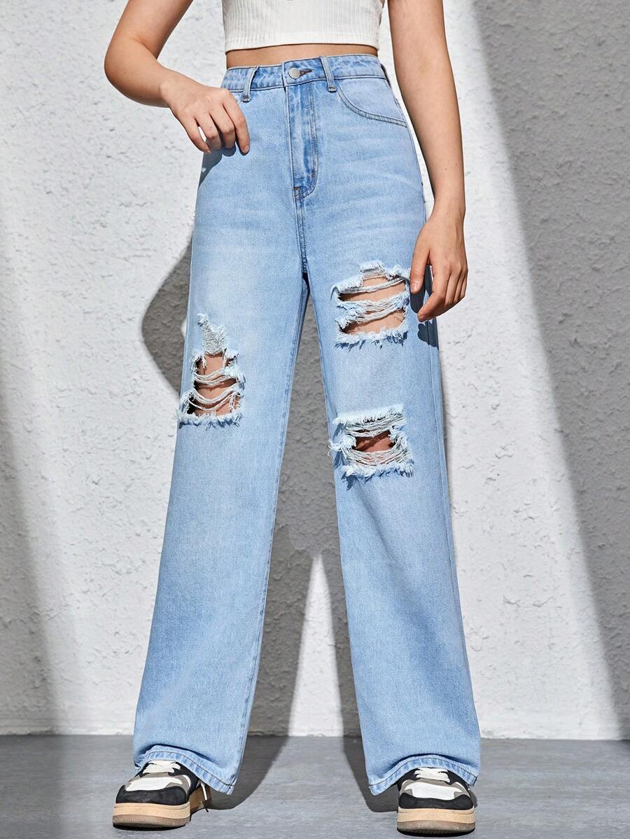 SHEIN Teen Girl Ripped Straight Leg Jeans - Light Wash - View 1