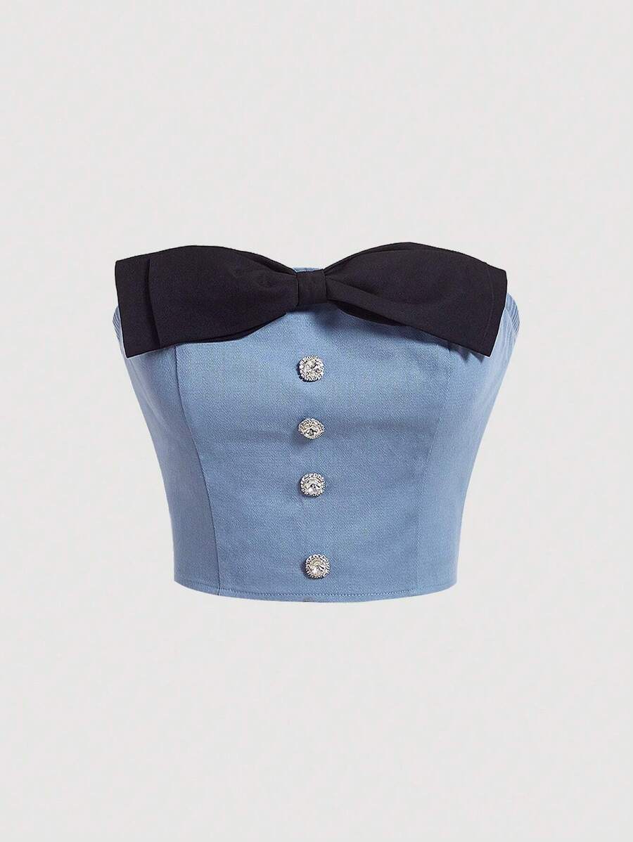 SHEIN MOD Bow Front Tube Top - Blue - View 1