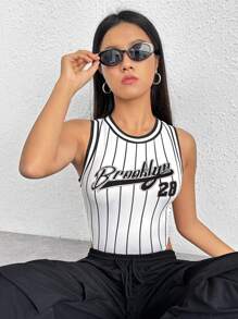 SHEIN EZwear Áo liền quần ôm nữ Lá thư Sọc Giải trí - trắng - Xem 1