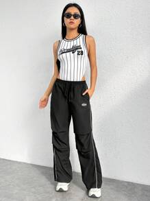 SHEIN EZwear Áo liền quần ôm nữ Lá thư Sọc Giải trí - trắng - Xem 5