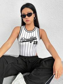 SHEIN EZwear Áo liền quần ôm nữ Lá thư Sọc Giải trí - trắng - Xem 6