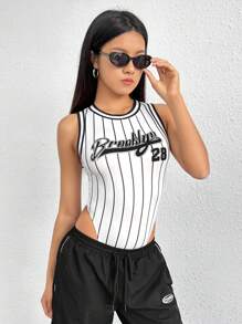 SHEIN EZwear Áo liền quần ôm nữ Lá thư Sọc Giải trí - trắng - Xem 8