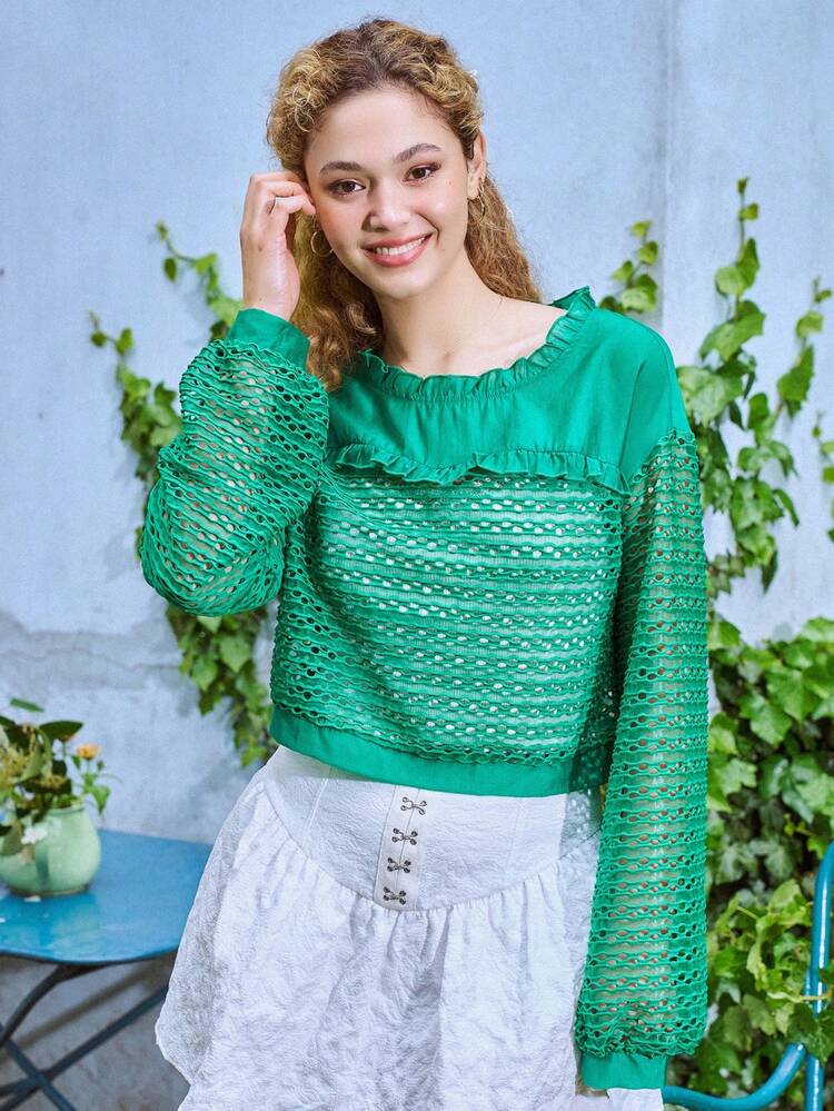 Frill Trim Lantern Sleeve Hollow Out Blouse