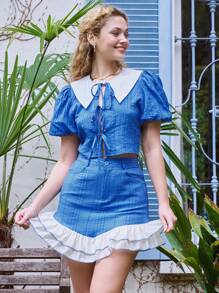 SHEIN Contrast Collar Puff Sleeve Knot Front Crop Top & Ruffle Hem Skirt - Blue - View 2