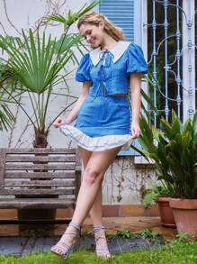 SHEIN Contrast Collar Puff Sleeve Knot Front Crop Top & Ruffle Hem Skirt - Blue - View 1