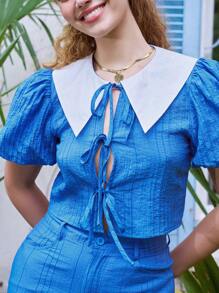SHEIN Contrast Collar Puff Sleeve Knot Front Crop Top & Ruffle Hem Skirt - Blue - View 5