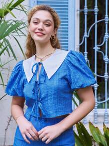 SHEIN Contrast Collar Puff Sleeve Knot Front Crop Top & Ruffle Hem Skirt - Blue - View 8