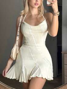 Sweetina Solid Lace Trim Halter Dress - Apricot - View 1