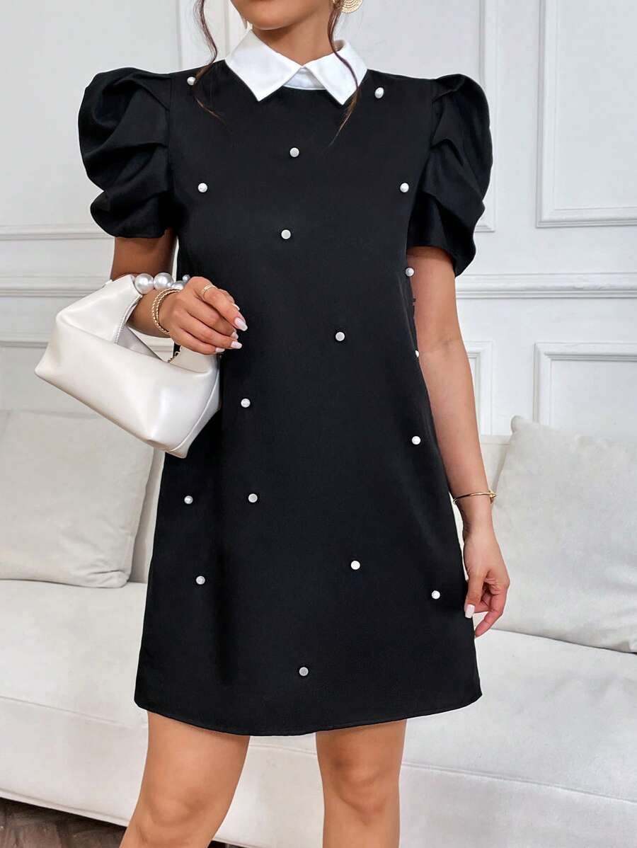 SHEIN Privé Pearls Beaded Puff Sleeve Dress - Black - View 1