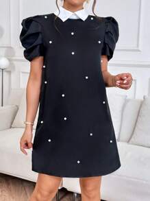 SHEIN Privé Pearls Beaded Puff Sleeve Dress - Black - View 4