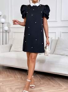 SHEIN Privé Pearls Beaded Puff Sleeve Dress - Black - View 5