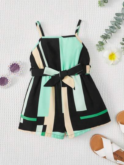 SHEIN 嬰兒撞色腰帶吊帶連體短褲