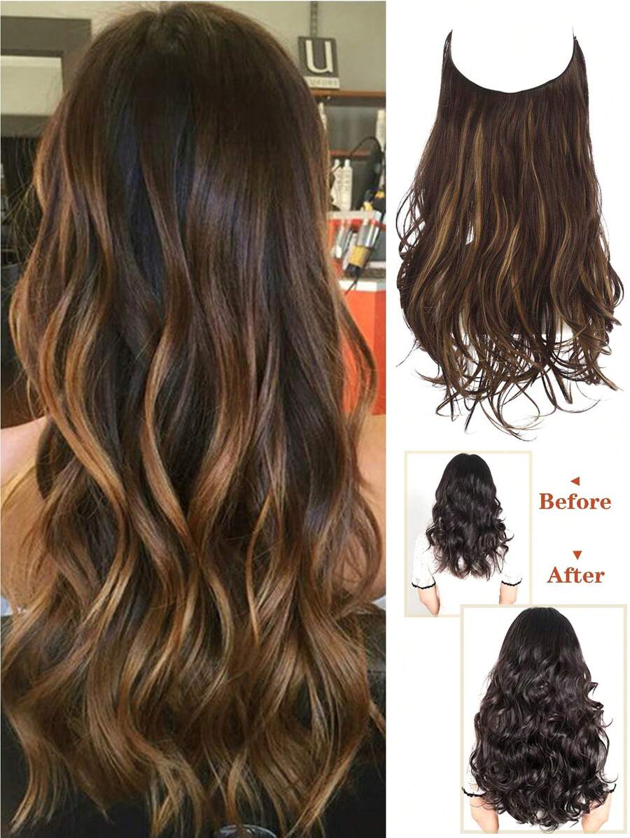 Invisible Wire Hair Extensions, Dirty Blonde Roots, Natural Wavy Hair Weft, Women Synthetic Hair Extensions, 12/14/16/18/20/22/24 Inches, Dark Brown/Blonde, No Clips Needed