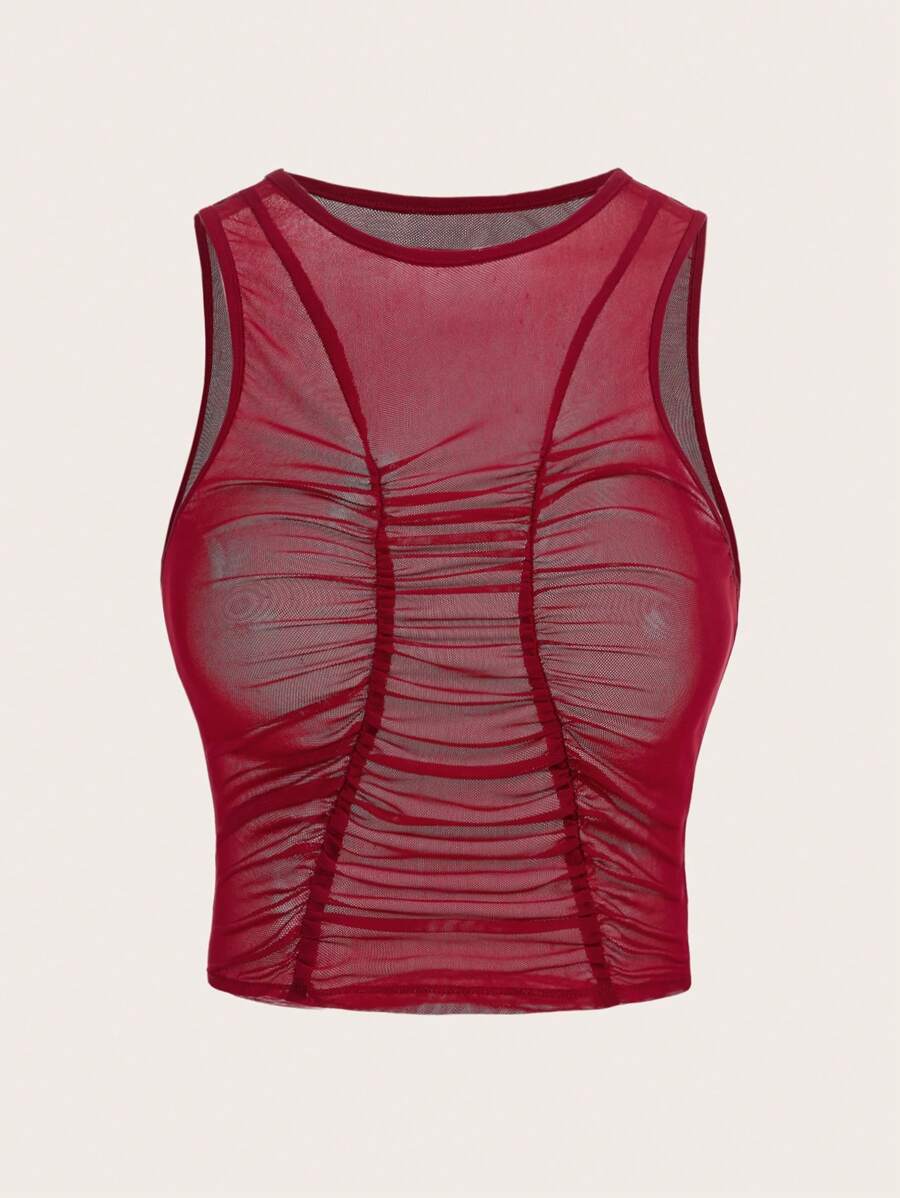 SHEIN ICON 前收褶短款網紗背心上衣 - 紅色 - 查看 1