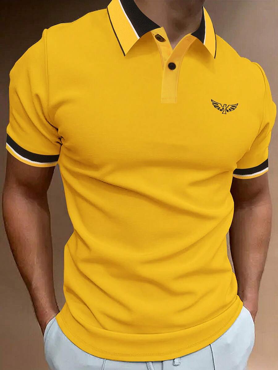 Manfinity Mode Men Bird Embroidery Contrast Trim Polo Shirt - Yellow - View 1
