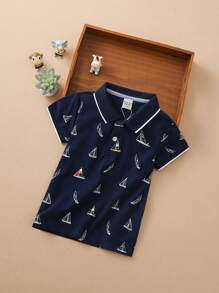 Boys Sailboat Print Contrast Trim Polo Shirt