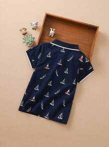 Boys Sailboat Print Contrast Trim Polo Shirt