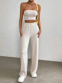 SHEIN Muchic 素色短款抹胸上衣和褲子 - 杏色 - 查看 3