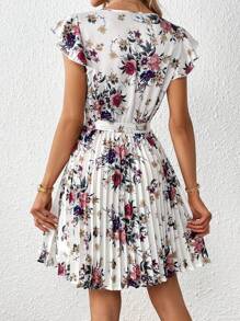SHEIN Clasi Floral Print Butterfly Sleeve Pleated Hem Belted Dress - Multicolor - View 2