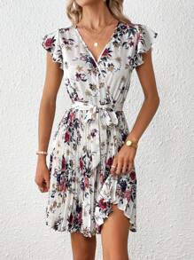 SHEIN Clasi Floral Print Butterfly Sleeve Pleated Hem Belted Dress - Multicolor - View 5