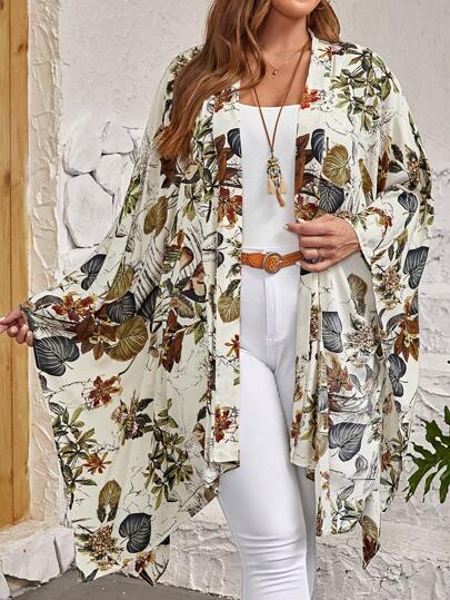 EMERY ROSE Kimono de verano con mangas tipo murciélago, estampado tropical y bajo asimétrico para tallas grandes