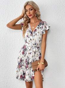 SHEIN Clasi Floral Print Butterfly Sleeve Pleated Hem Belted Dress - Multicolor - View 6