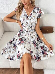 SHEIN Clasi Floral Print Butterfly Sleeve Pleated Hem Belted Dress - Multicolor - View 3