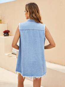 SHEIN Frenchy Ripped Raw Cut Vest Denim Coat - Light Wash - View 2