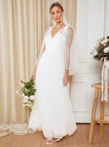 SHEIN Belle 斗篷袖上身蕾絲網紗覆蓋婚紗連衣裙不附面紗 - 白色 - 查看 3