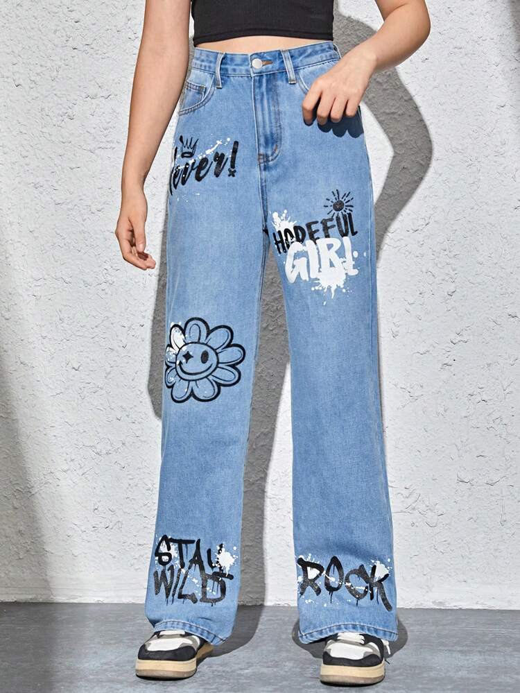 Teen Girl Letter & Floral Print Straight Leg Jeans