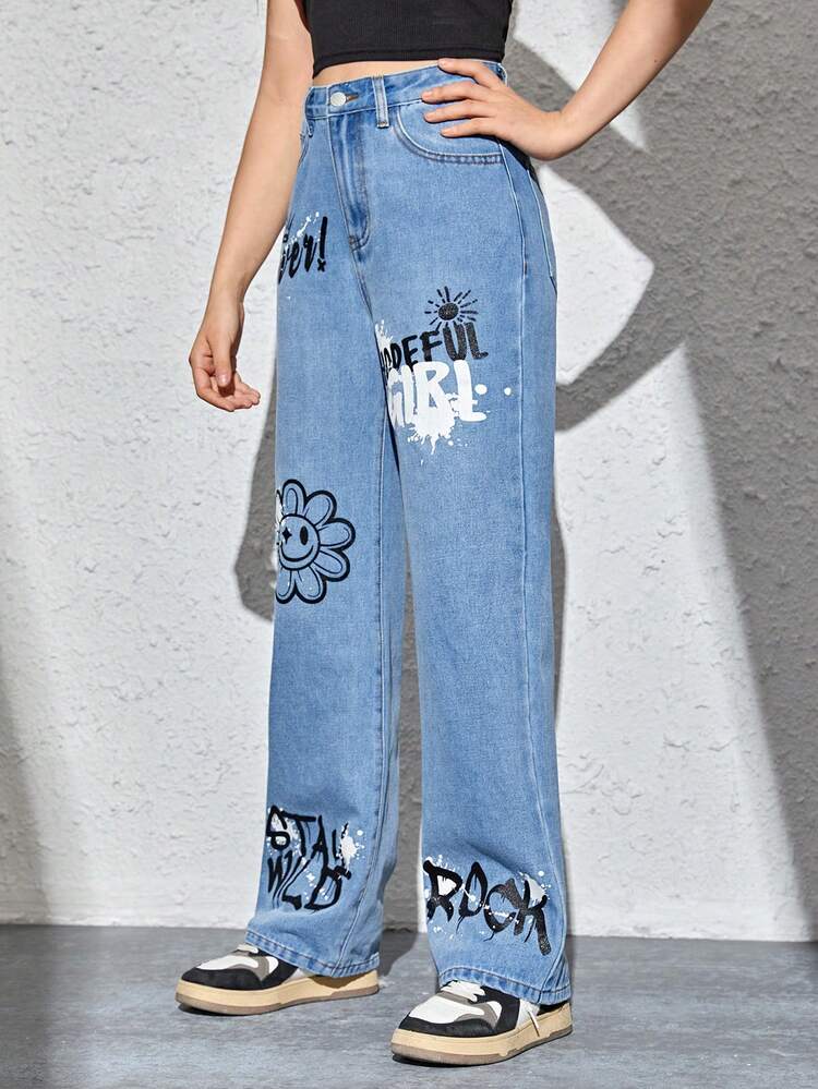 Teen Girl Letter & Floral Print Straight Leg Jeans