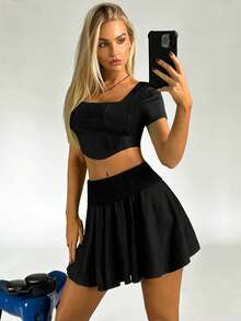 SHEIN EZwear Váy nữ màu trơn Giải trí - màu đen - Xem 4