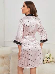 Polka Dot Contrast Lace Belted Robe - Pink - View 2