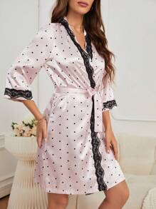 Polka Dot Contrast Lace Belted Robe - Pink - View 3
