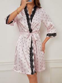 Polka Dot Contrast Lace Belted Robe - Pink - View 5