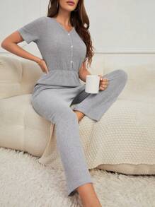 Button Front Ribbed Knit Jumpsuit - Grey - View 3