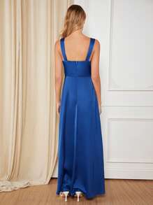 SHEIN Belle Váy phù dâu Thắt nút Xù Dây kéo Tách cao màu trơn - Xanh đậm - Xem 2