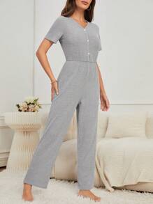 Button Front Ribbed Knit Jumpsuit - Grey - View 5