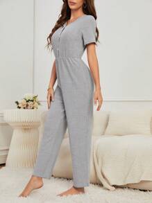 Button Front Ribbed Knit Jumpsuit - Grey - View 6