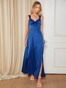 SHEIN Belle Váy phù dâu Thắt nút Xù Dây kéo Tách cao màu trơn - Xanh đậm - Xem 5