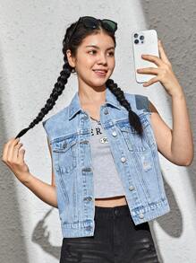 SHEIN Bé Gái Denim Jackets & Áo Khoác Túi Nút phía trước Bị tách màu trơn Giải trí - Rửa nhẹ - Xem 1