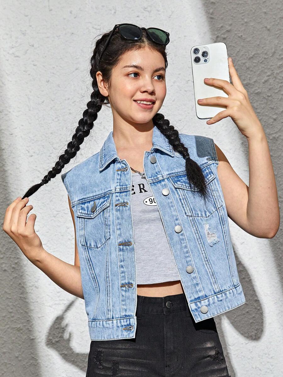 SHEIN Bé Gái Denim Jackets & Áo Khoác Túi Nút phía trước Bị tách màu trơn Giải trí - Rửa nhẹ - Xem 1