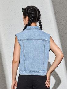 SHEIN Bé Gái Denim Jackets & Áo Khoác Túi Nút phía trước Bị tách màu trơn Giải trí - Rửa nhẹ - Xem 2